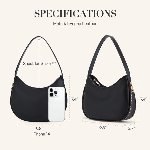 Small Black Vegan Leather Shoulder Bag – Crescent Hobo Purse with Zipper - Picture 6 of 6